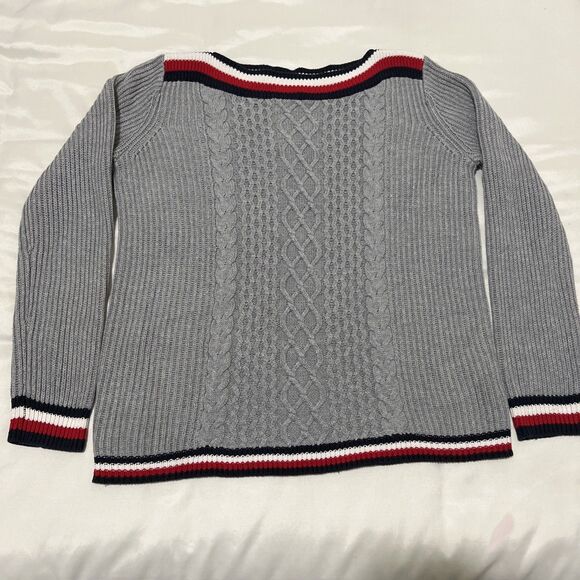 Tommy Hilfiger Varsity Cable Knit Sweater Gray Red White Blue Womens M Preppy - Picture 1 of 7